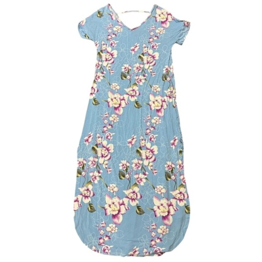 Women's Floral Maxi Dress Bule Pink Short Sleeve V-Neck‎ Pockets Size M